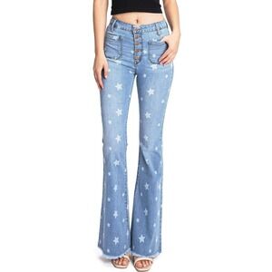 Angry Rabbit Women's Star Print Flare‎ Jeans High Rise Button Fly Frayed Hem 28